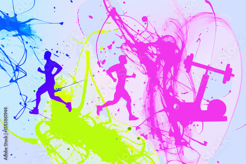 Colorful sports illustration displaying running and weightlifting silhouettes. This sports illustration contains fitness figures in motion amidst vibrant splashes and smoky gradients.