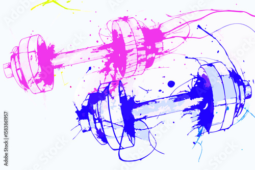 Artistic fitness equipment featuring stylized dumbbells over white background, athletic exercise. Dumbbells symbolize gym workout, sport training, and muscular strength.