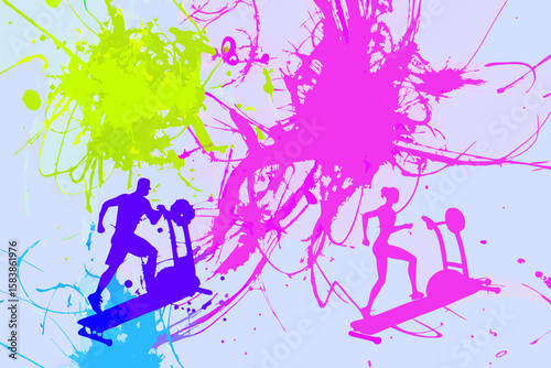 Sporty fitness concept with abstract splashes and silhouette of man and woman running on a treadmill. Sporty fitness abstract background for promotional materials for gym, sport club,