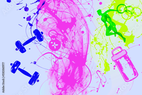 Athletic fitness equipment for physical workout with energetic splash paint. This athletic fitness illustration displays athletic fitness and energetic vibes with dumbbells, athlete silhouette,