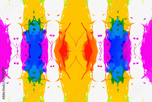 Symmetrical splash art showcasing colorful splatters on white background. Symmetrical splash art in vibrant hues creates an energetic, dynamic composition.