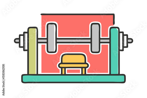 Gym equipment for strength training, including barbell and bench, inside a room. Gym equipment enhances physical fitness and well being, allowing targeted muscle workouts.
