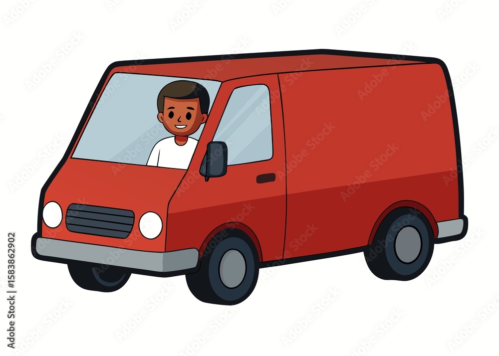 Cartoon Man Driving Red Van on Transparent Background Cartoon Man Driving Red Van on Transparent Background