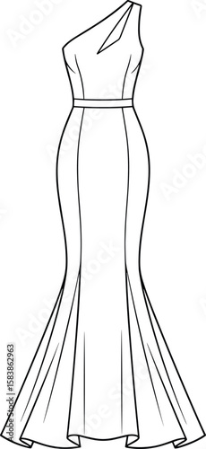 One-shoulder evening gown sketch, asymmetric neckline, cinched waist, mermaid hemline, elegant dress illustration, front view fashion drawing, designer template, technical apparel vector