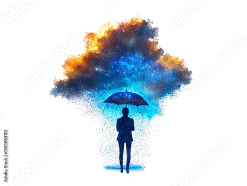 A silhouette of a person holding an umbrella stands beneath a surreal, colorful cloud filled with stars and galaxies.