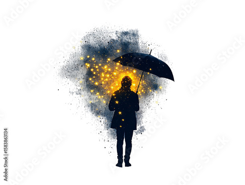 Silhouetted figure of a person with an umbrella against a vibrant backdrop of sparkling lights.