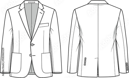 Blazer jacket fashion sketch, front and back view, notched lapel, flap pockets, two-button closure, technical garment illustration, apparel template, stylish clothing vector art