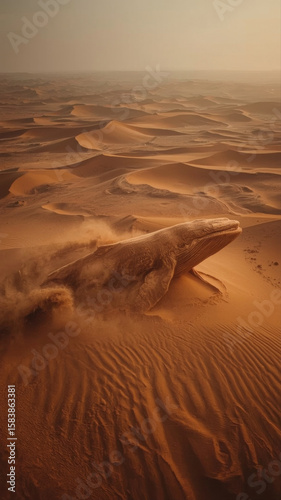 Whale emerging from sand dune in desert landscape
