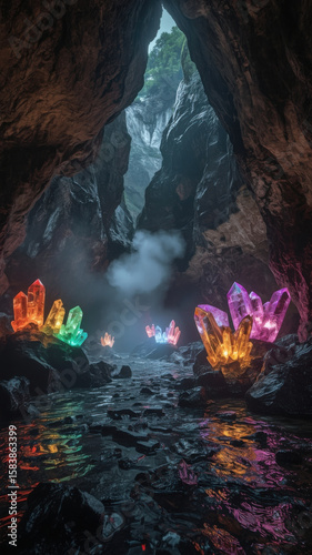Glowing multicolored crystals illuminating dark fantasy cave with river and rocks