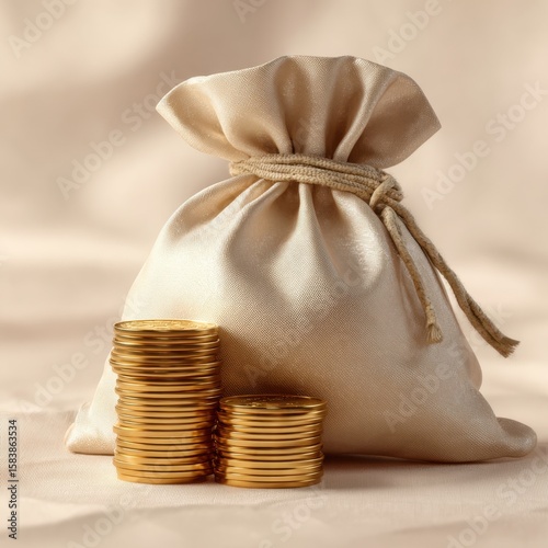 A pouch of gold coins and stacked currency representing wealth and fortune