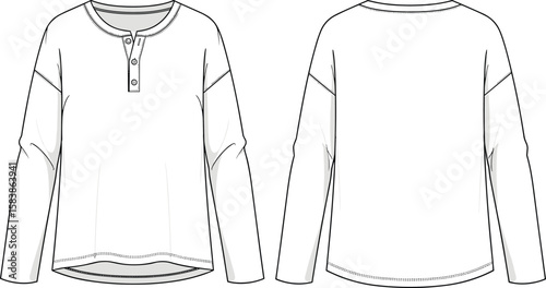 Fotografie Long sleeve casual henley shirt design, flat sketch fashion illustration, vector