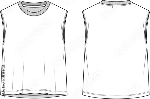 Sleeveless shirt flat sketch, round neckline top, front and back view, relaxed fit garment, ribbed neck detail, clothing illustration, fashion design layout