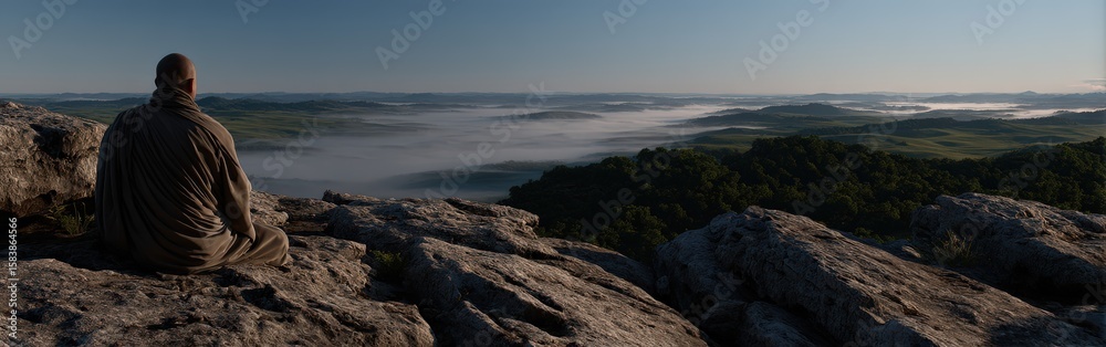 Obraz premium Person meditates at Hanging Rock State Park overlook in morning