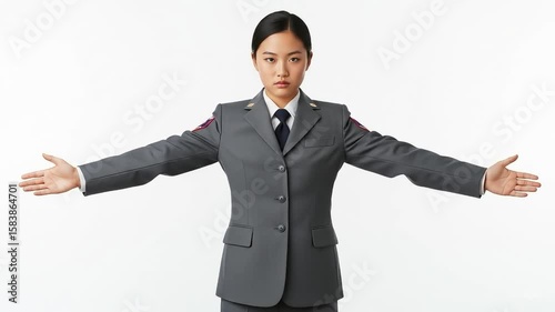 Woman in uniform with arms outstretched on a white background