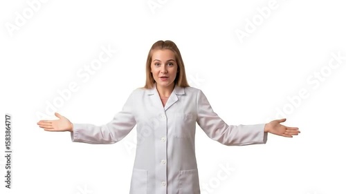 Woman in lab coat with outstretched arms on a white background