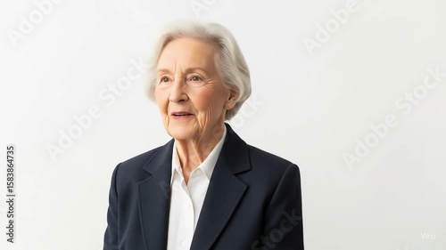 Elderly woman in business suit looks off to the side smiling
