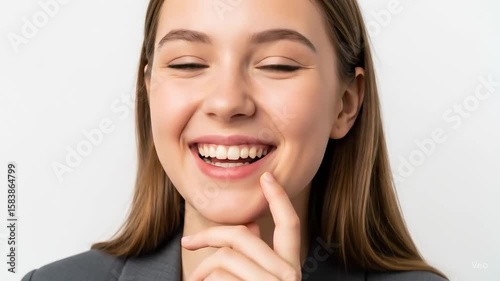 Portrait of a smiling woman in a blazer with hand on her chin