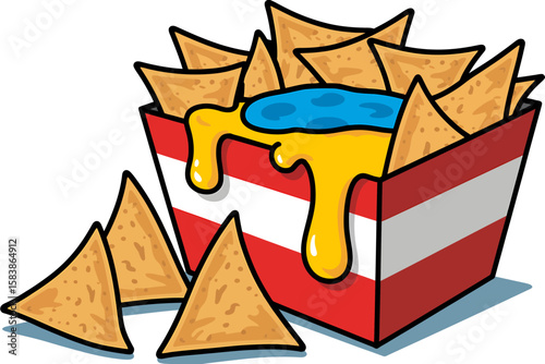 Delicious nachos with melted cheese and blue cheese dip in a red striped container