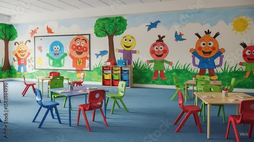 Colorful classroom interior with cartoon wall decorations