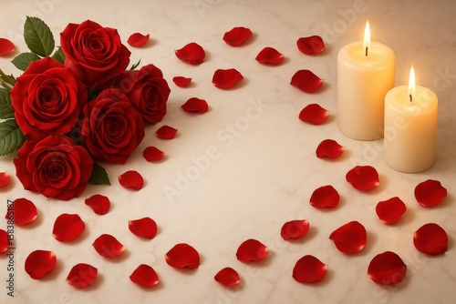 A romantic banner for anniversaries or weddings featuring a bouquet of red roses and two lit candles