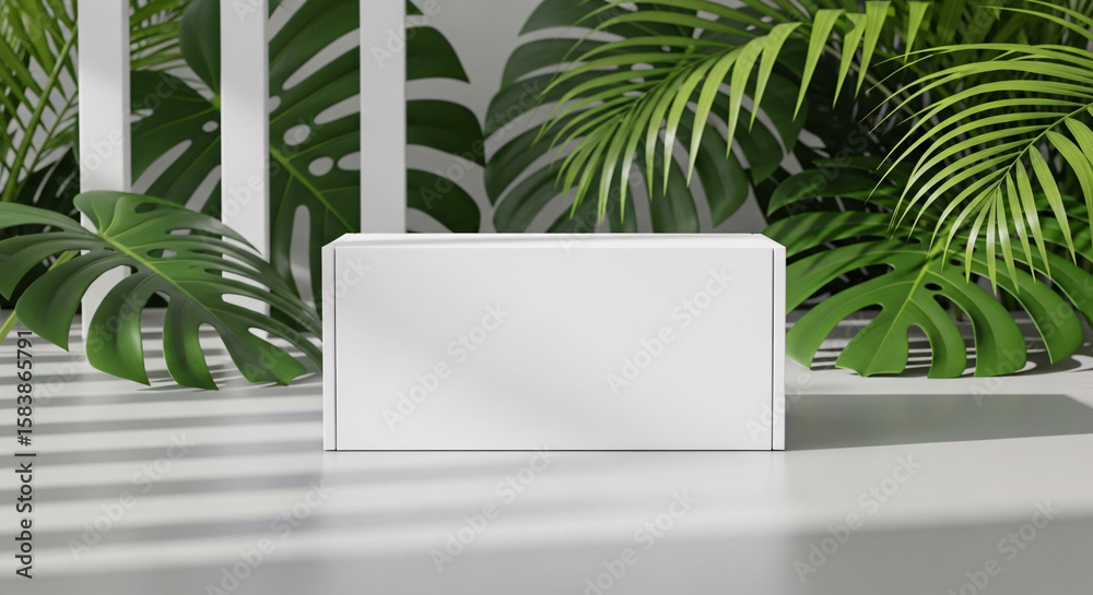 Fototapeta premium Clean white rectangular box mockup displayed in a tropical setting with lush green monstera and palm leaves and soft light