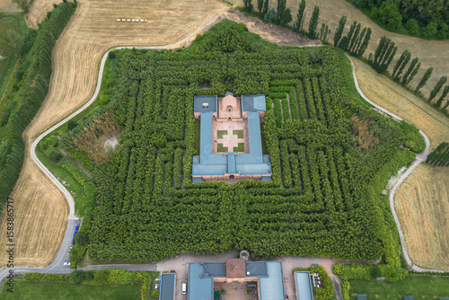 Aerial view of Labirinto della Masone, the largest bamboo labyrinth in existence and cultural park, Fontanellato, Parma province, Italy
