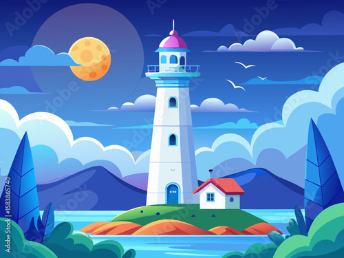 vector of A white lighthouse standing tall against a blue background with a moon and big clouds, among rolling hills and flying birds...
