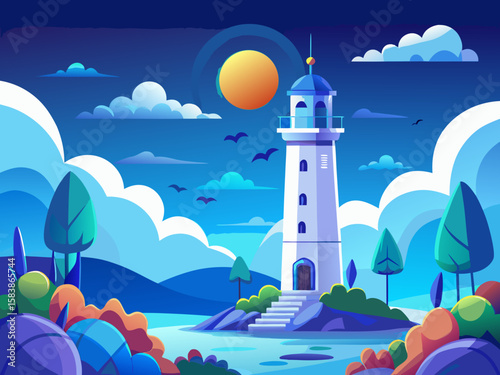 vector of A white lighthouse standing tall against a blue background with a moon and big clouds, among rolling hills and flying birds...
