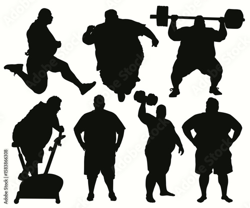 Overweight People Silhouettes. Male overweight vector illustration. Fat man running, big man exercising. Fat Man Action Poses Postures. Heavy man, health problem, fat body, depression, insecurities.