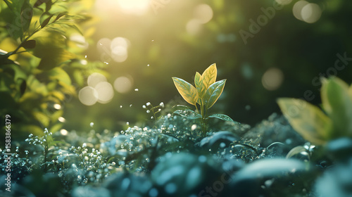 New plant sprout emerging in a forest glade with sunlight. Symbol of growth and new beginnings.