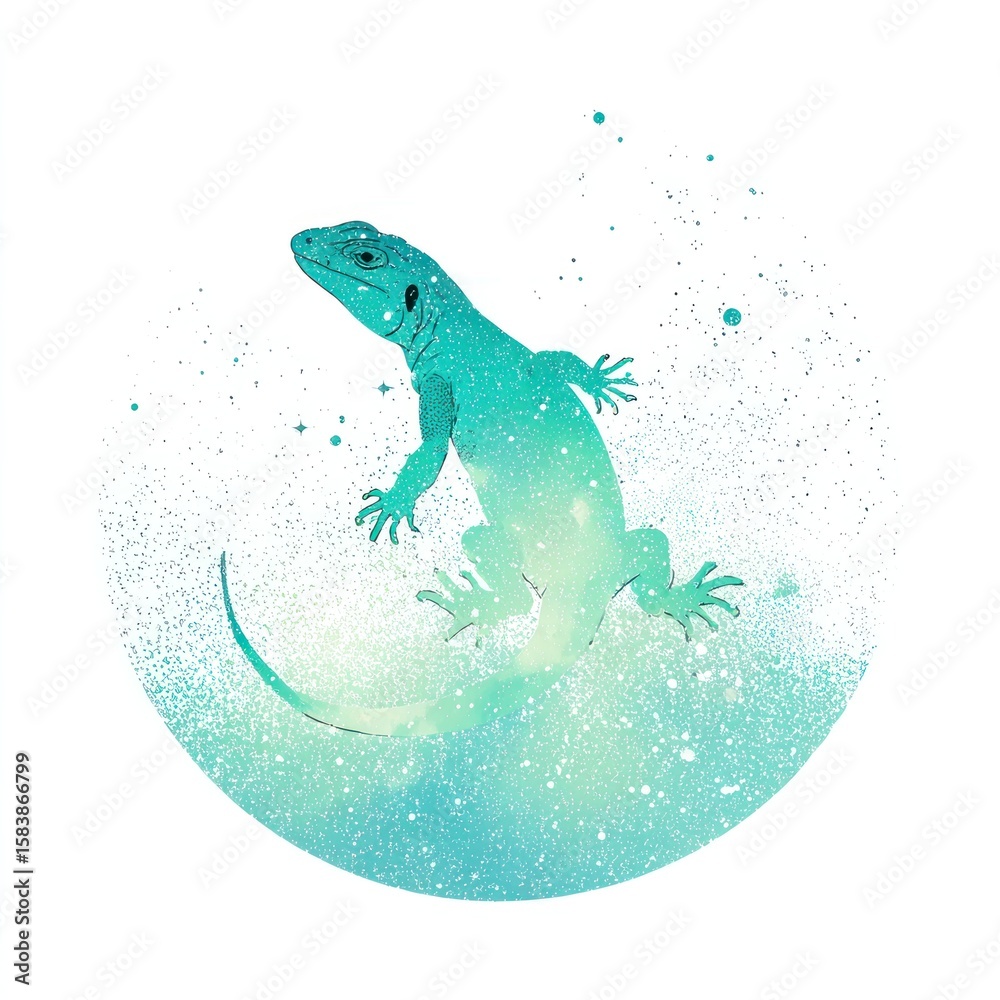 Fototapeta premium Teal lizard in a cosmic circle