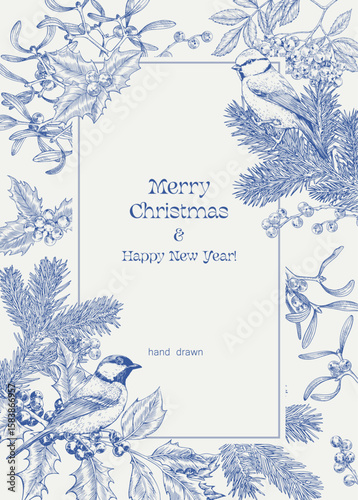 Toile Christmas Vector illustration for design greeting card, holiday decor, invitation. Vintage background with fir branches holly mistletoe rowan tit birds. Blue beige. Hand drawn engraved elements