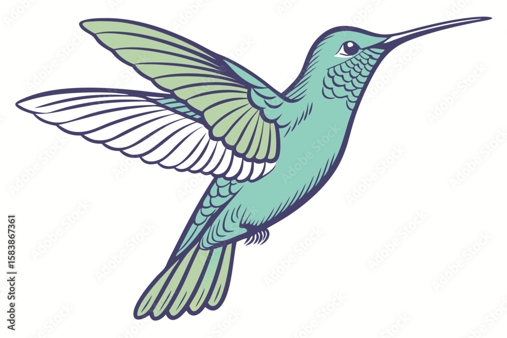 Obraz premium Stylized Teal and Green Hummingbird with Intricate Wing Detail Illustration