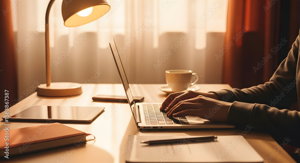 Warm and Productive Workspace: Laptop, Coffee, and Creative Tools for Focused Work Warm and Productive Workspace: Laptop, Coffee, and Creative Tools for Focused Work