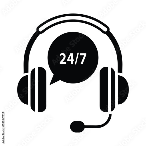 Black icon of headset with microphone and speech bubble indicating 24/7 customer service