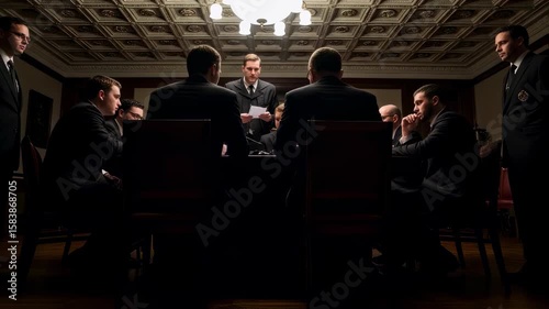 Powerful men gathered in dark room for tense meeting. Corporate leadership, political negotiation, or mafia conference concept. Dramatic lighting and shadowy atmosphere.