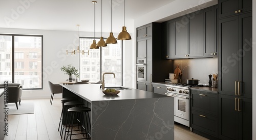 Modern kitchen design with dark cabinetry, quartz countertop island, and brass pendant lights, overlooking city view.