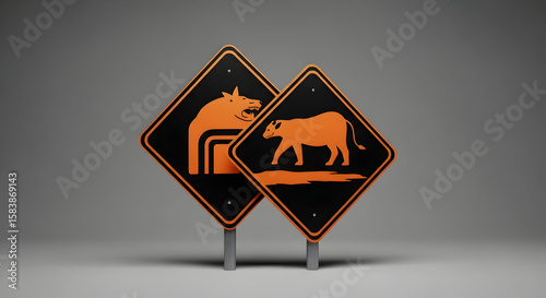 Warning signs for animal crossing, showing rhinoceros and a generic large cat like a lioness