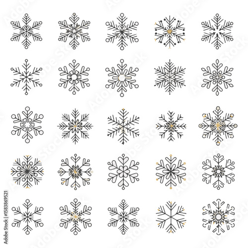 Set of intricate snowflakes, each unique and elegant, set against a simple background.