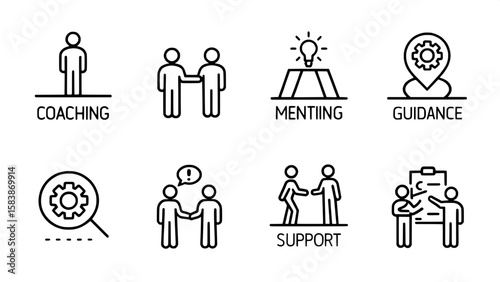 A series of 88 minimalist line icons focused on coaching, mentoring, and guidance. Each icon shows a black outline of interactions between two or more abstract human figures exchanging ideas, support,