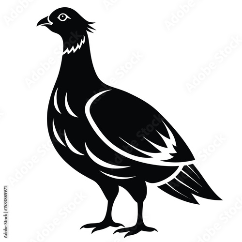 Stylized Black Silhouette of a Partridge on a White Background, Elegant and Simple Bird Illustration