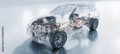 The transparent car showcasing intricate mechanical and engineering design elements.