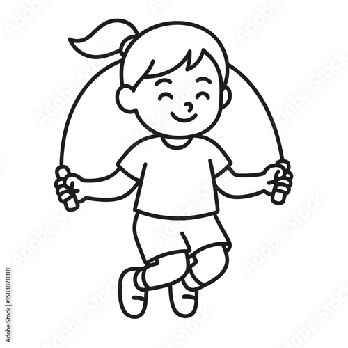Young girl jumping rope and smiling in a playful style  