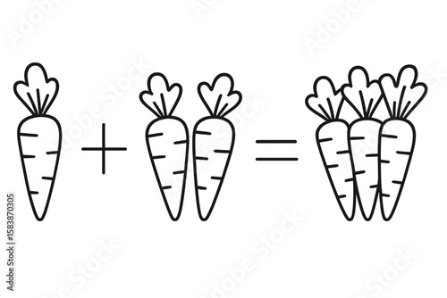 Illustrated equation showing addition of carrots in black and white  