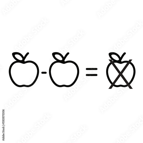 Illustrative equation showing two apples minus one apple equals none  