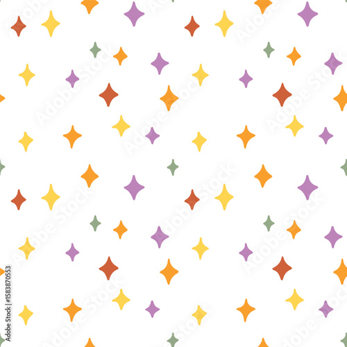 Repeating pattern of tiny sparkling diamond shapes in orange, yellow and pink tones on white. Decorative glowing icons for fun projects