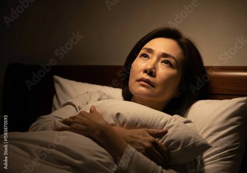 A thoughtful middle aged asian woman lies in bed at night holding a pillow and looking upwards with a pensive expression