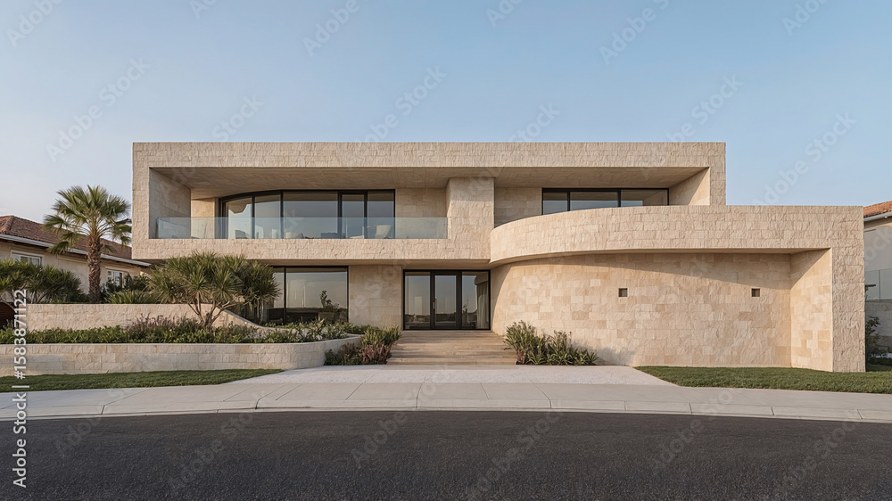 Fototapeta premium Luxurious modern coastal home exterior design stone facade architecture real estate residential property daytime scenery