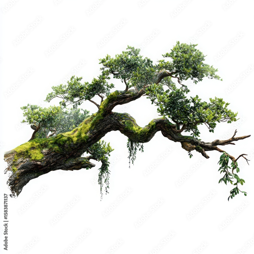 Fototapeta premium Moss covered tree branch isolated on white background