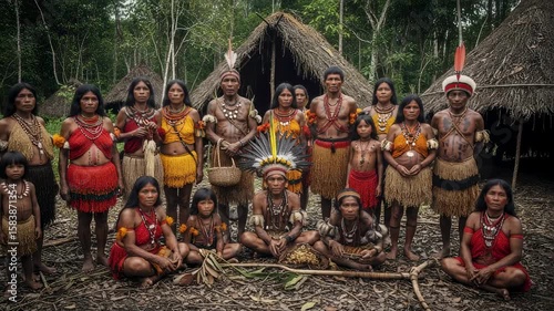 Indigenous Amazonian tribe members posing in traditional attire. Yanomami people of Brazil showcasing cultural heritage. Rainforest community portrait with diverse ages